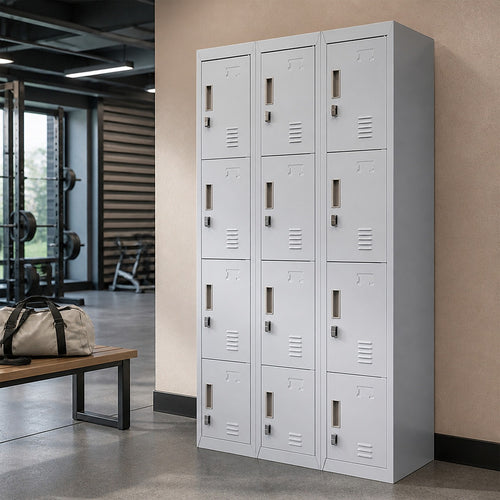 12-Door Steel Locker – Grey, Padlock-operated
