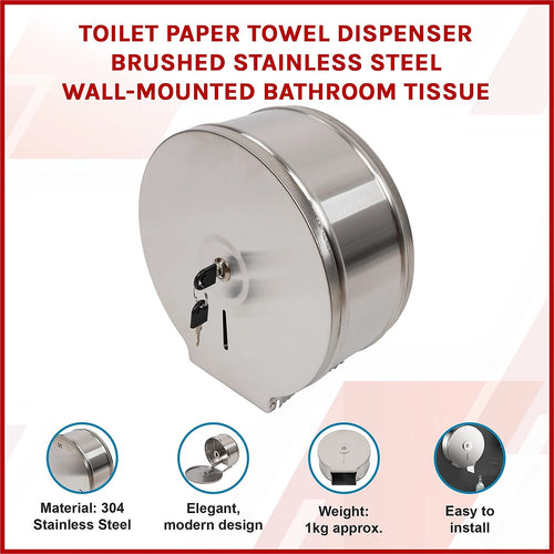 Toilet Paper Towel Dispenser Brushed Stainless Steel Wall-Mounted Bathroom Tissue 