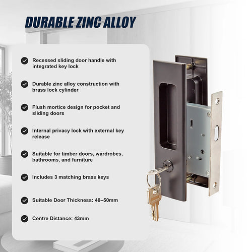 160mm Recessed Sliding Door Lock Handle Set with Key Lock for Pocket & Timber Doors