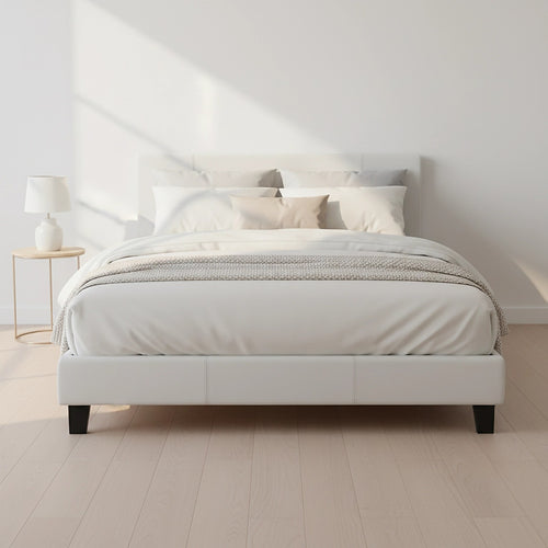 Queen Size Bed Frame with Headboard – White PU Leather