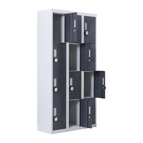 12-Door Steel Locker – Grey with Charcoal Door, 4-Digit Combination Lock