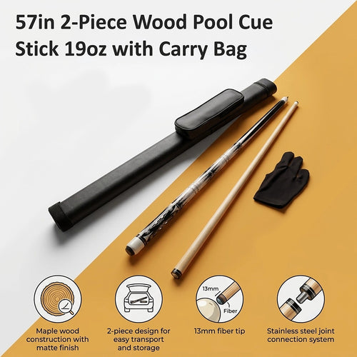 57in 2-Piece Wood Pool Cue Stick 19oz with Carry Bag