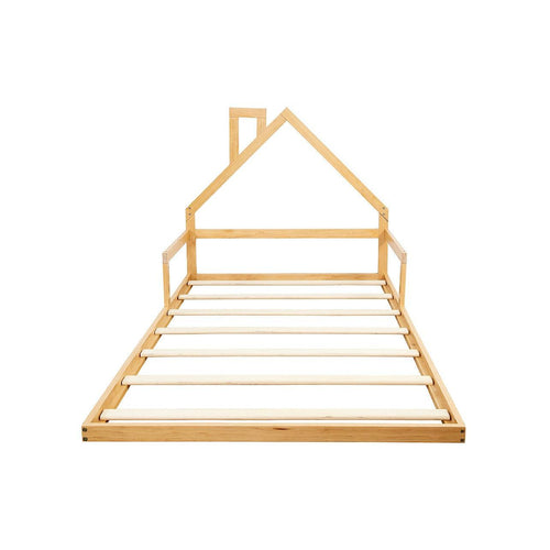 Pine Floor Bed House Frame in Wood for Kids and Toddlers - King Single