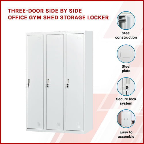 Three-Door Side by Side Storage Locker – Office, Gym & Shed Organisation Unit in Grey