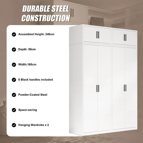 160x240cm 4-Door White Steel Hanging Wardrobe with Black Handle Storage Cabinet