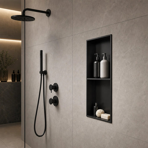 70cm Black Recessed Shower Niche Shelf 304 Stainless Steel No Tile Bathroom Wall Insert