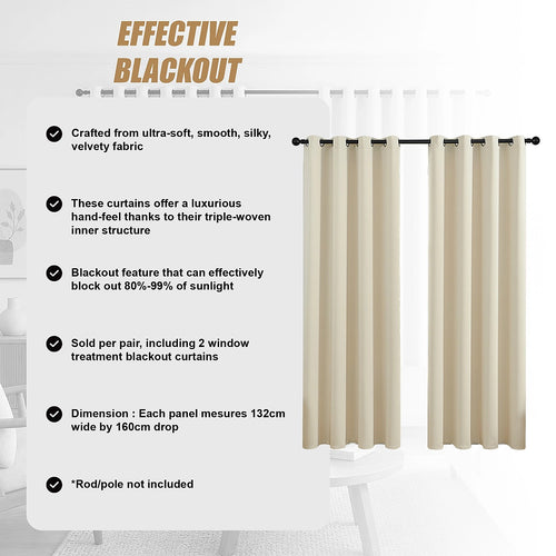Cream 2X Blockout Curtains – Blackout Window Draperies Pair with Eyelets for Bedroom 132x160cm
