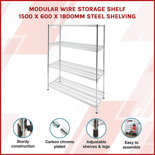 Modular Wire Storage Shelf 1500 x 600 x 1800mm Steel Shelving - Carbon Chrome Plated