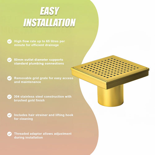 15 x 15cm Square Shower Drain with Grid Pattern Grate – Brushed Gold Stainless Steel