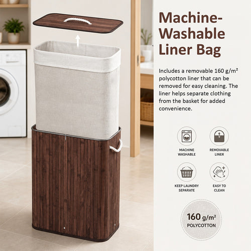 72L Wood Bamboo Laundry Hamper with Lid & Removable Liner Bag