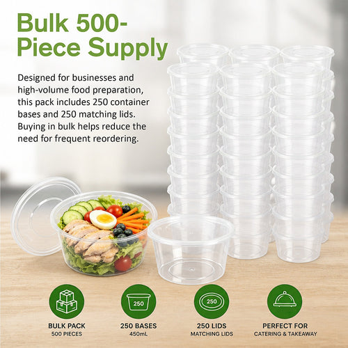 450mL Food Containers with Lids 500 Pack | BPA Free Round Takeaway Tubs