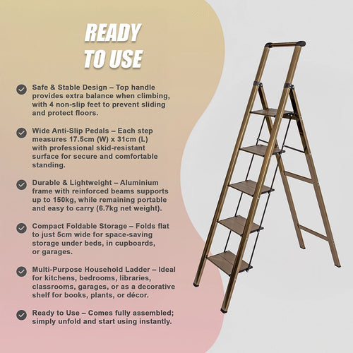5 Step Aluminium Ladder – Foldable, Lightweight Design with Anti-Slip Pedals