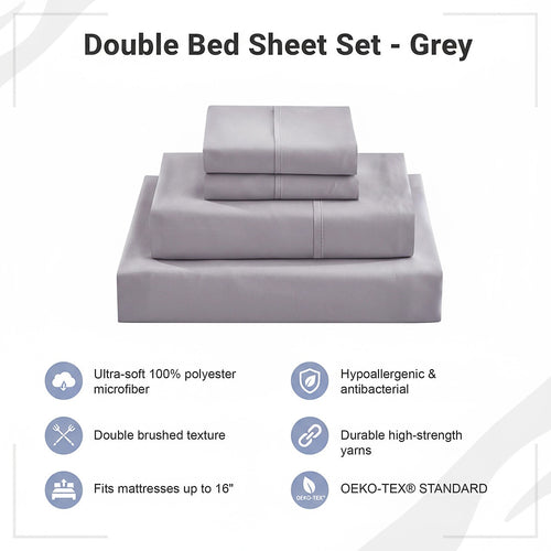 Double Bed Sheet Set – 1800 Series Microfiber, Deep Pocket, Soft & Breathable, Grey