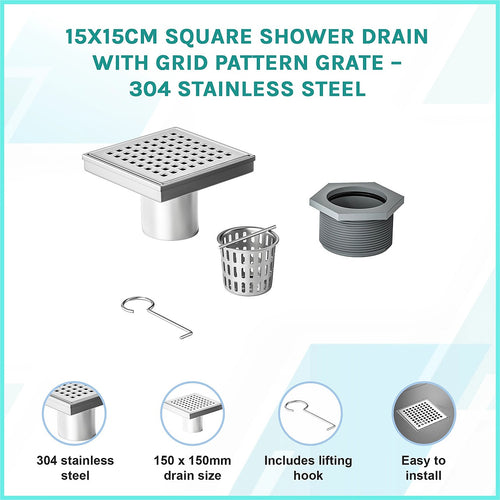 15x15cm Square Shower Drain with Grid Pattern Grate – Stainless steel 304SS