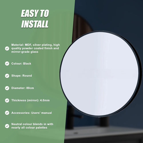 80cm Round Wall Mirror Bathroom Makeup Mirror by Della Francesca - Black