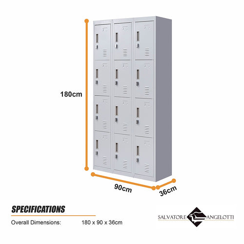 12-Door Steel Locker – Grey, Padlock-operated