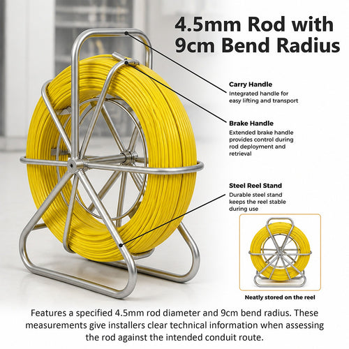 Duct Rodder 100m x 4.5mm Fibreglass Cable Puller with Steel Reel