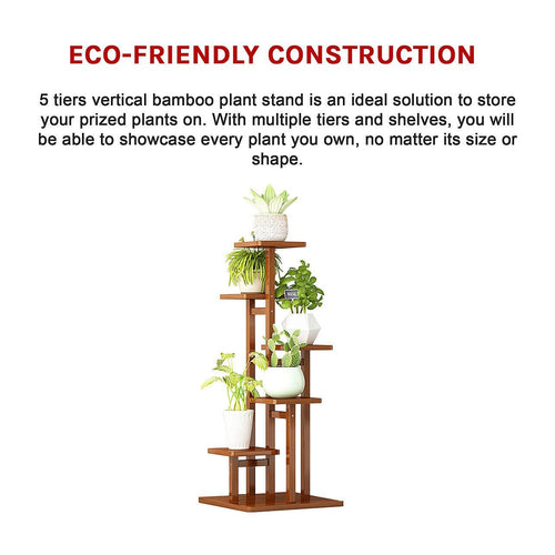 5 Tiers Vertical Bamboo Plant Stand Staged Flower Shelf Rack Outdoor Garden - Dark Wood