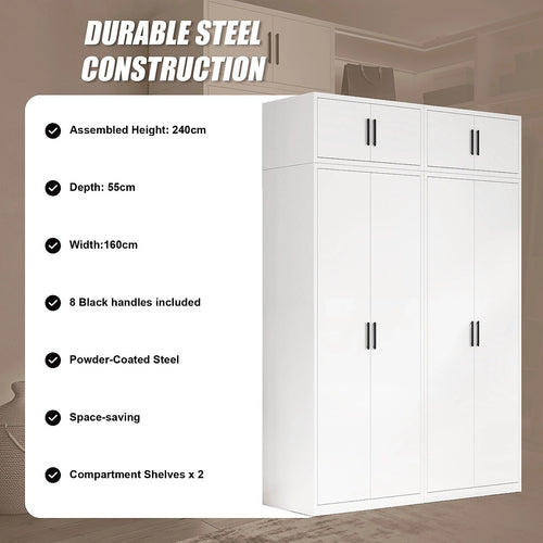 160x240cm 4-Door White Steel Shelf Wardrobe with Black Handle Storage Cabinet
