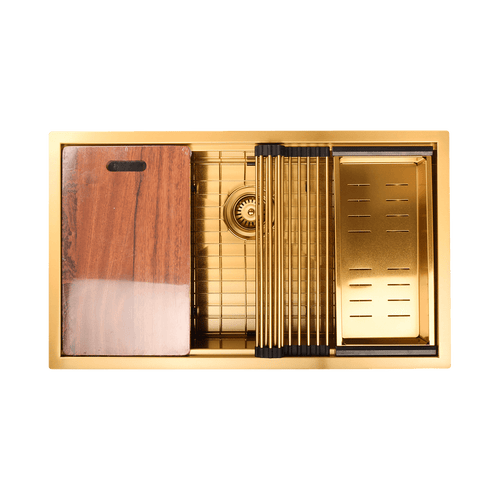 BRIENZ 32-inch Nano Workstation Ledge Undermount 16 Gauge Stainless Steel Kitchen Sink Single Bowl in Gold with sand-finish