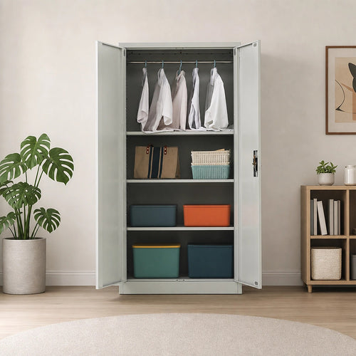 Double-Door Metal Cabinet with 4 Shelves – Office, Garage, or Home Storage in Grey without Legs