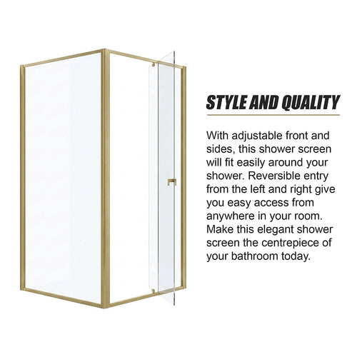 Adjustable Semi Frameless Shower Screen Front: (98~106)x195cm with Gold Hardware and Side: (98~101)x195cm