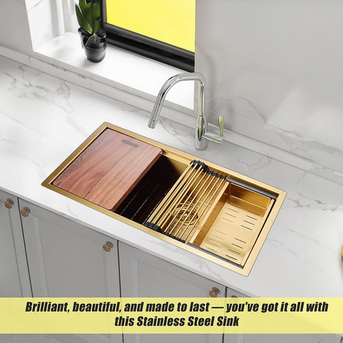 BRIENZ 32-inch Nano Workstation Ledge Undermount 16 Gauge Stainless Steel Kitchen Sink Single Bowl in Gold with sand-finish