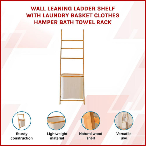 Wall Leaning Ladder Shelf with Laundry Basket Clothes Hamper Bath Towel Rack