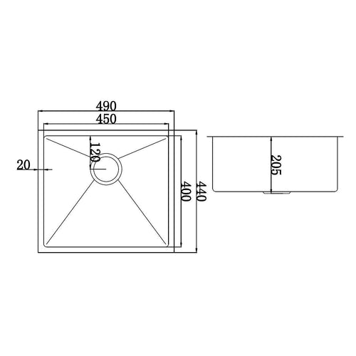 490x440mm Stainless Steel Handmade 1.2mm Sink with Waste in Stainless Steel 304 Finish