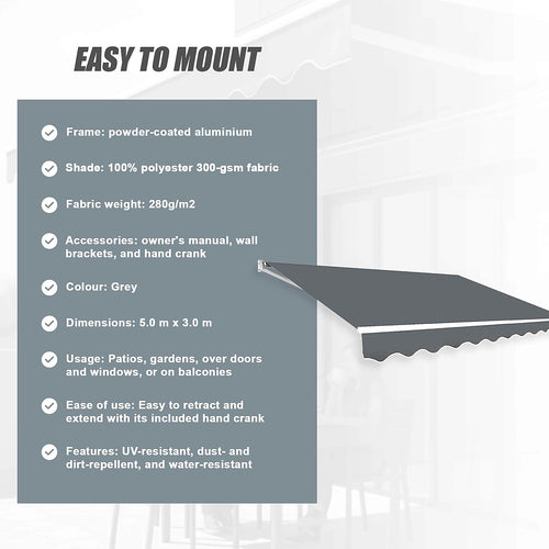 Outdoor Awning Grey - 5x3m Retractable Sunshade