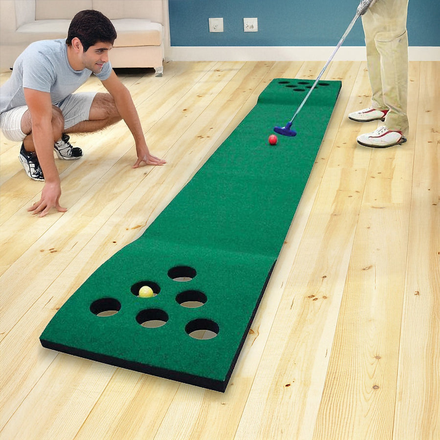 Golf Beer Pong Game with 3m Putting Mat, 2 Putters & 6 Balls