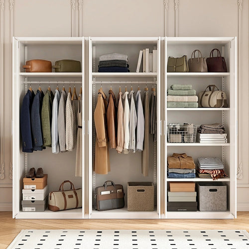 240x200cm 6-Door White Steel 2 Hanging and 1 Shelf Wardrobe with White Handle Storage Cabinet