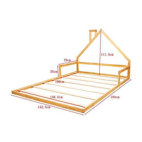 Pine Floor Bed House Frame in Wood for Kids and Toddlers - Double