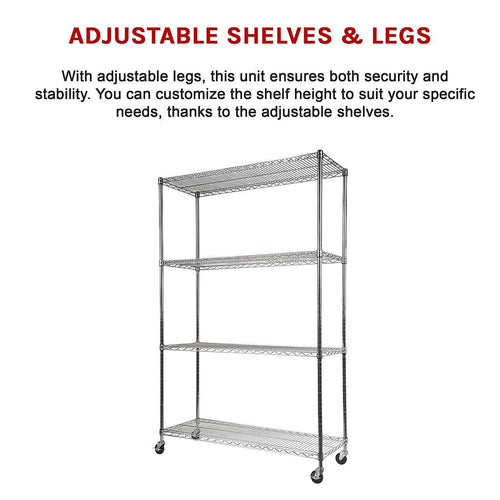 Modular Wire Storage Shelf 1500 x 600 x 1800mm Steel Shelving - Carbon Chrome Plated with Wheels
