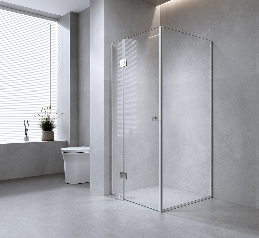120x110cm Corner Frameless Shower Screen – Chrome Wall & Floor Channel with Brass Hinges & Round Knob Handle
