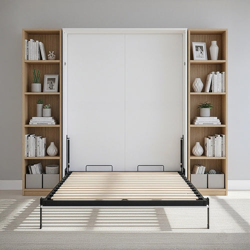 Queen Wall Bed in White Gloss – Space Saving Murphy Bed Kit with Gold Door Handle