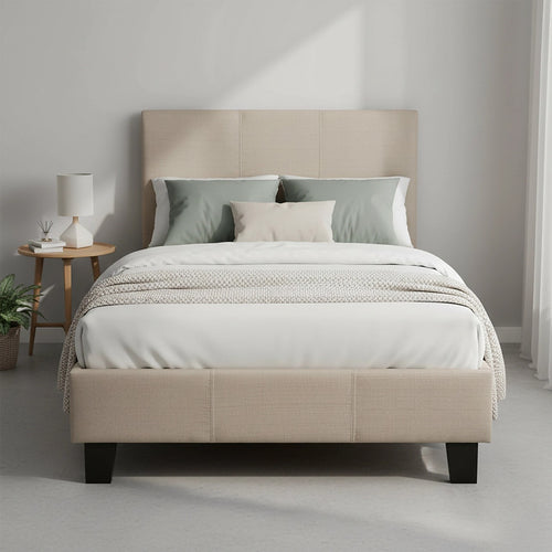 Single Size Bed Frame with Headboard – Beige Linen Fabric