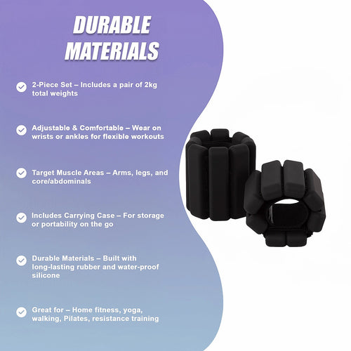 2-Piece Ankle & Wrist Weights – 2kg Pair Adjustable Workout Bangles Black for Fitness Training