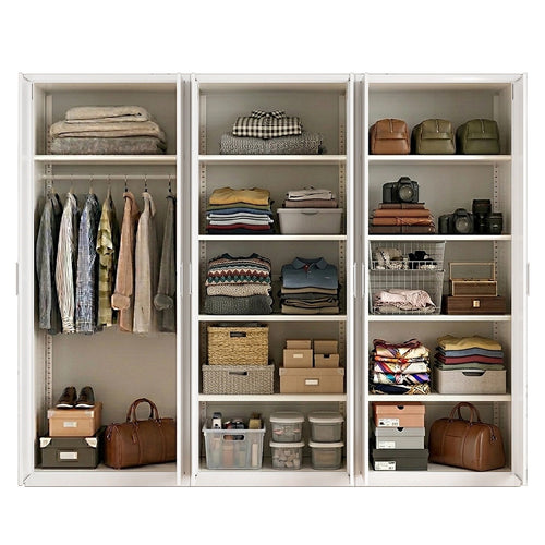 240x200cm 6-Door White Steel 1 Hanging and 2 Shelf Wardrobe with White Handle Storage Cabinet