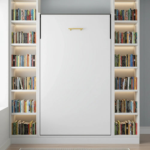 Single Wall Bed in White Gloss – Space Saving Murphy Bed Kit with Gold Door Handle