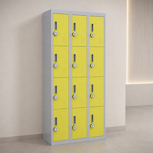 12-Door Steel Locker – Grey with Yellow Door, 4-Digit Combination Lock