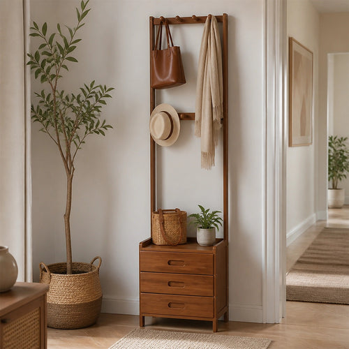 42x165cm Wooden Hall Stand with Drawer – Modern Minimalist Floor Coat Rack in Dark Wood