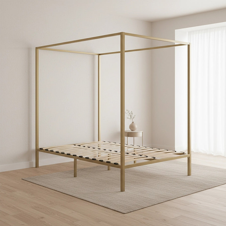 4-Poster Queen Bed Frame – Sturdy Gold Modern Canopy Bed for Bedroom