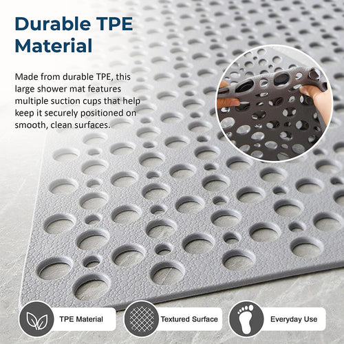 60x90cm Grey Non Slip Bath Mat TPE Shower Mat with Suction Cups