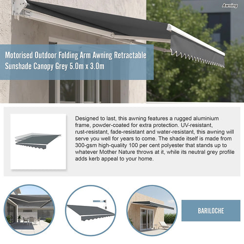Automatic Retractable Awning 5.0 x 3.0m - Grey Outdoor Wall Sunshade