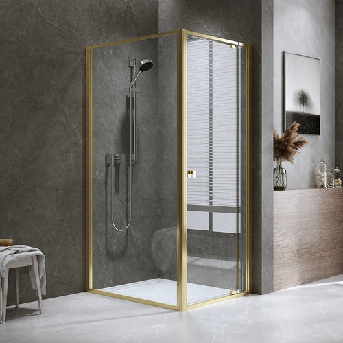 Adjustable Semi Frameless Shower Screen Front: (74~82)x195cm with Gold Hardware and Side: (98~101)x195cm