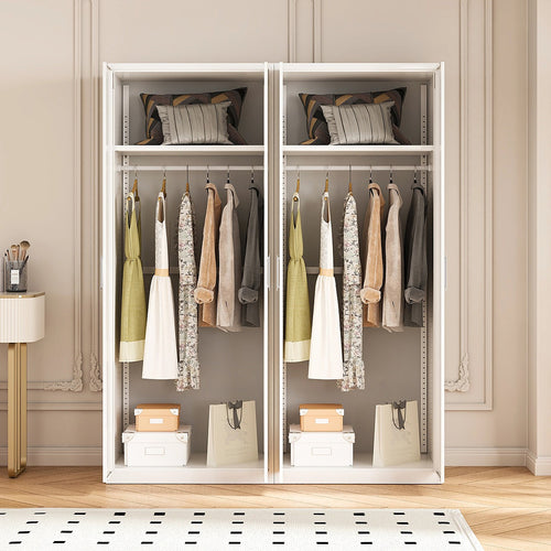 160x200cm 4-Door White Steel Hanging Wardrobe with White Handle Storage Cabinet