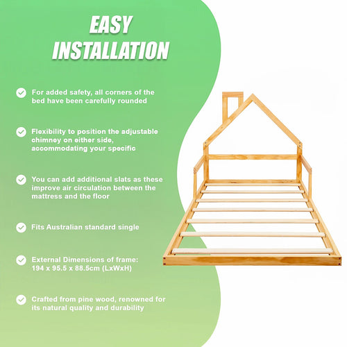 Low Bed for Kids - Wood Pine Wood Single Floor Bed
