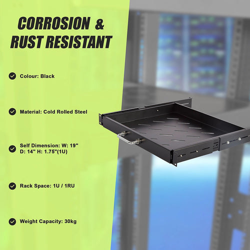 1U 19” 4-Post Sliding Server Rack Shelf – Adjustable 15”-22” Mount for Network Equipment