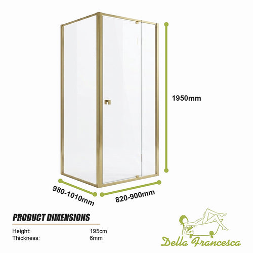 Adjustable Semi Frameless Shower Screen Front: (82~90)x195cm with Gold Hardware and Side: (98~101)x195cm